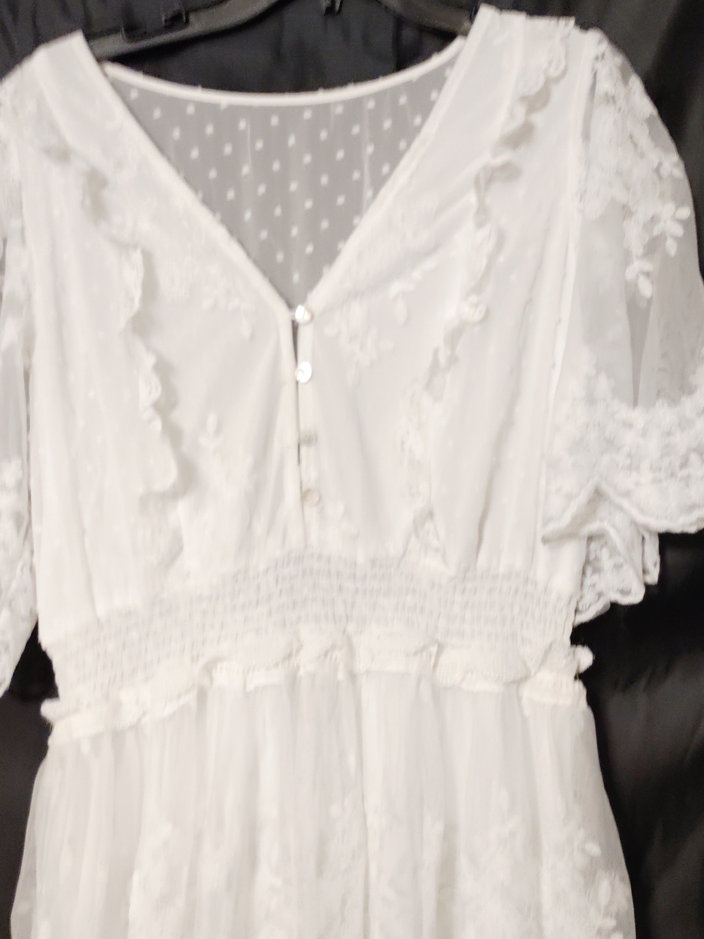 White Lace Midi Dress with Smocked Waist
